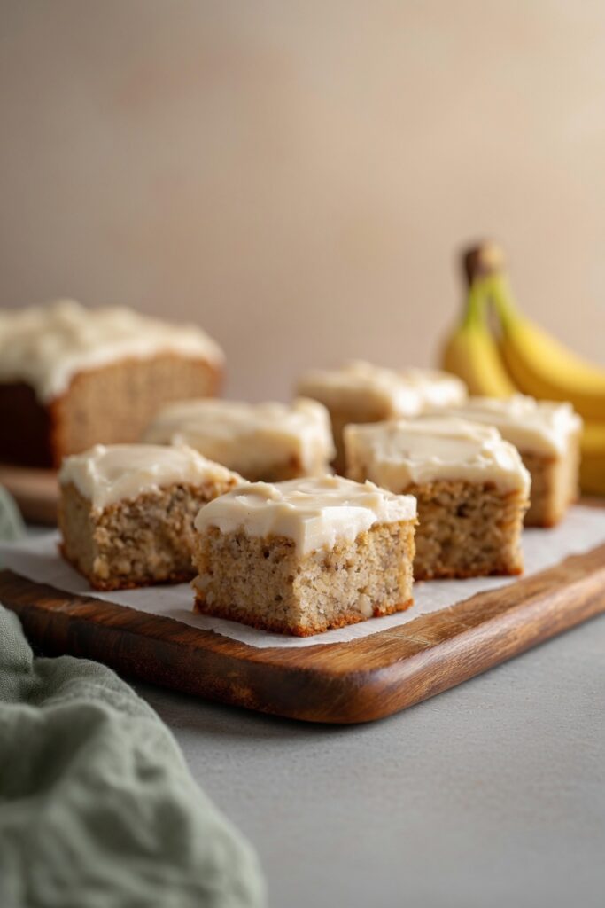Banana bread brownies moist frosting golden bar closeup