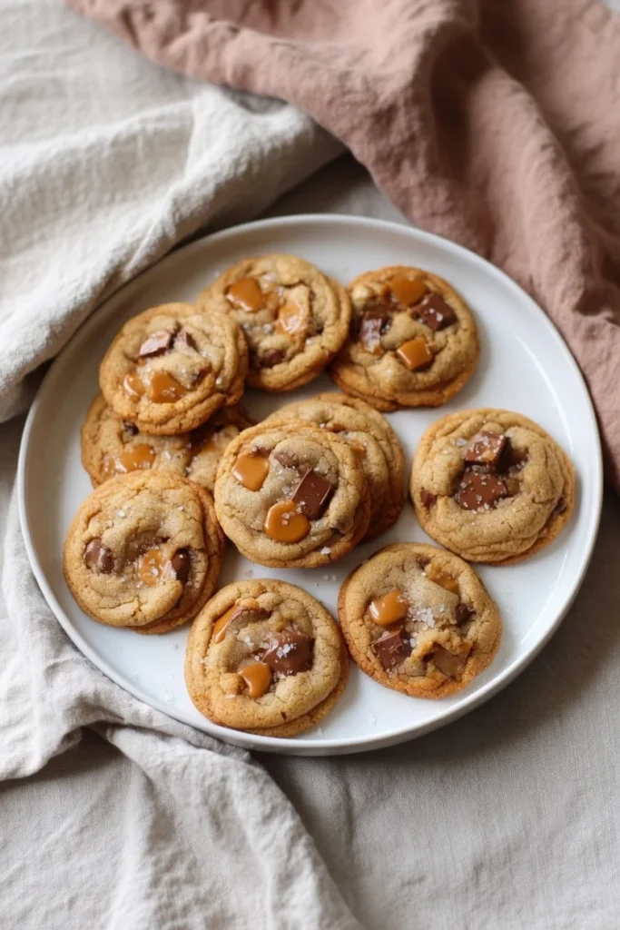 Salted caramel cookie gooey center flaky salt closeup 